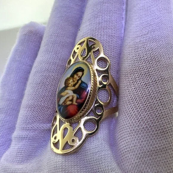 Vintage 14K Yellow Gold Madonna and Child Ring Size 8.5-5.61g - Picture 5 of 12